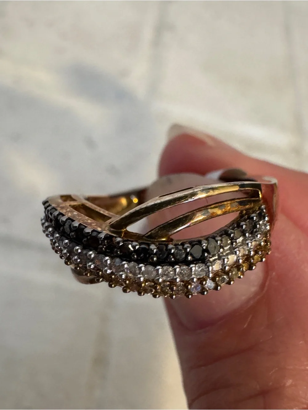 14K Gold Over Sterling Silver 1/3 CTW Brown Black White Diamond Crossover Ring